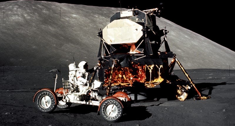 Apollo 17 astronaut Gene Cernan driving the Moon buggy, December 11, 1972.