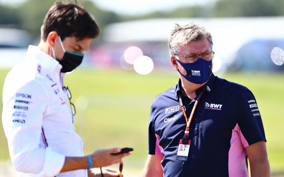 Otmar Szafnauer (right), team principal of Racing Point, and Mercedes boss Toto Wolff (left) at Silverstone - GETTY IMAGES