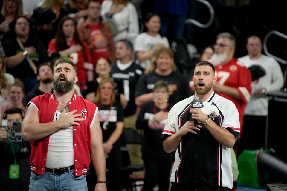 Jason Kelce, left, and Travis Kelce visited the University of Cincinnati earlier this month.