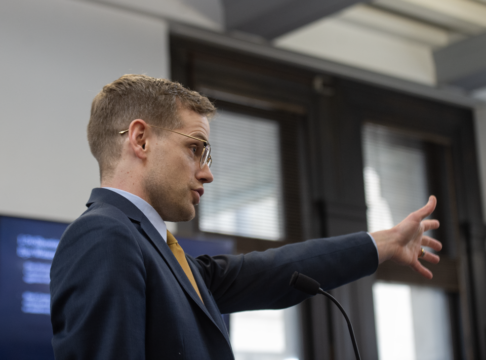 Assistant Prosecutor Zachary Neumann delivers the opening argument for the state on Friday during a trial in the Summit County Court of Common Pleas regarding a road rage incident from May of 2023 that left one dead.