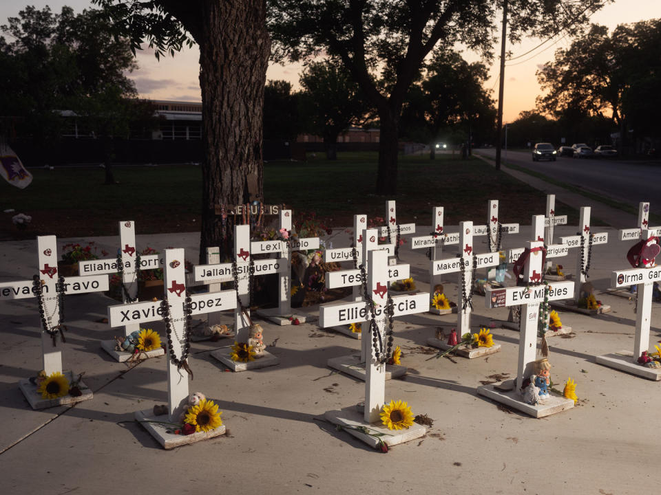 The memorial to the victims of the massacre at Robb Elementary School on April 25, 2023 in Uvalde, Texas. (Jordan Vonderhaar for NBC News)