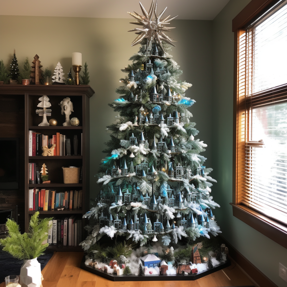 A Christmas tree in the corner of a room with a wintery village underneath it that's covered in house-like ornaments and snow-covered branches with a star-like structure on top