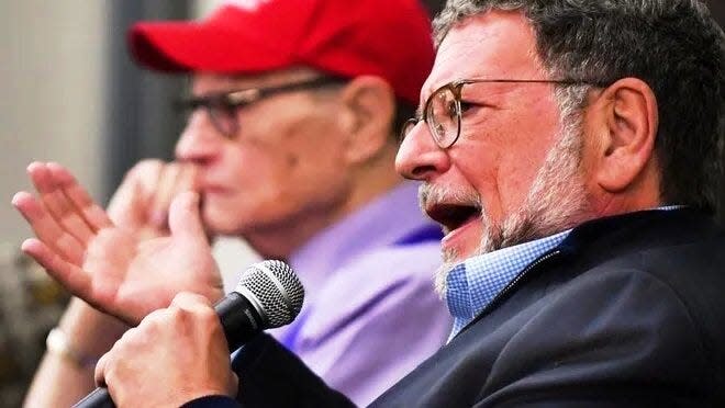 Los Angeles Dodgers broadcaster Charley Steiner, right, and legendary television host Larry King participate in a panel discussion in 2017 during the Charley Steiner Symposium on the Bradley University campus in Peoria.