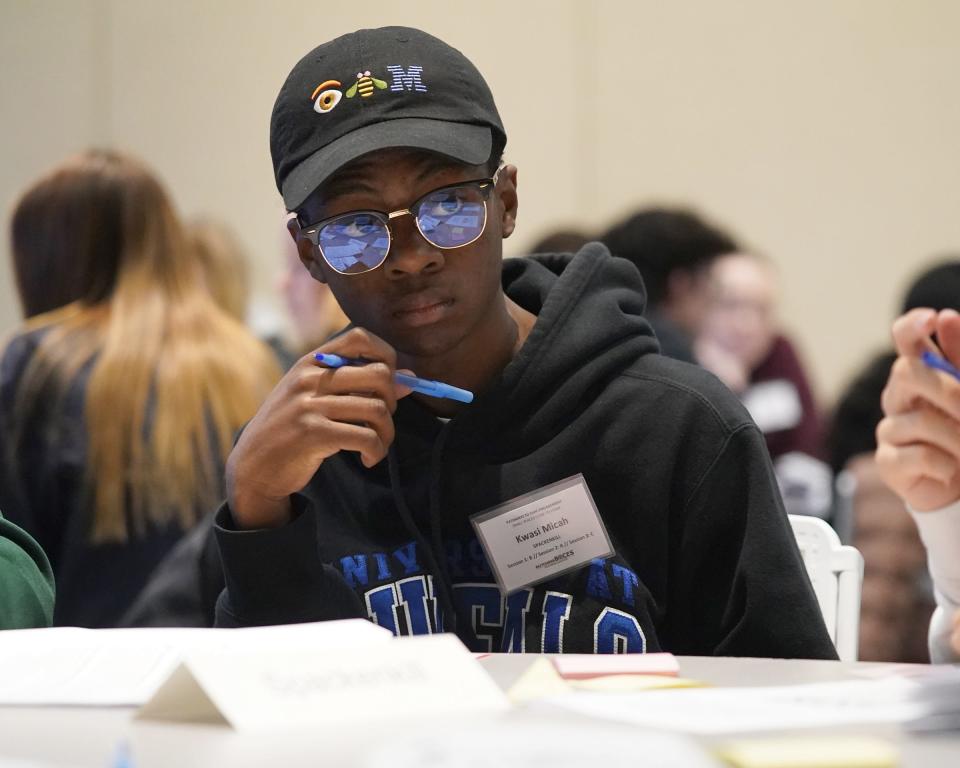 Kwasi Micah of Spackenkill High School listens to another student during a break out session on bystander Intervention at a Pathways to Civic Engagement conference at the FDR Presidential Library and Museum and in Hyde Park on Tuesday, December 6, 2022.