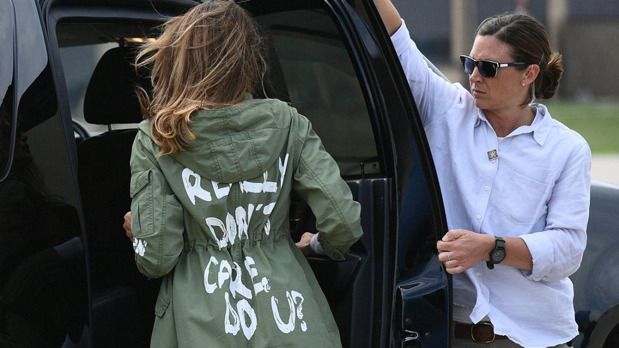 First lady Melania Trump departs Andrews Air Force Base in Maryland  following her surprise visit to children separated from their parents on the U.S.-Mexico border, June 21, 2018. (Photo by Mandel Ngan/AFP via Getty Images)