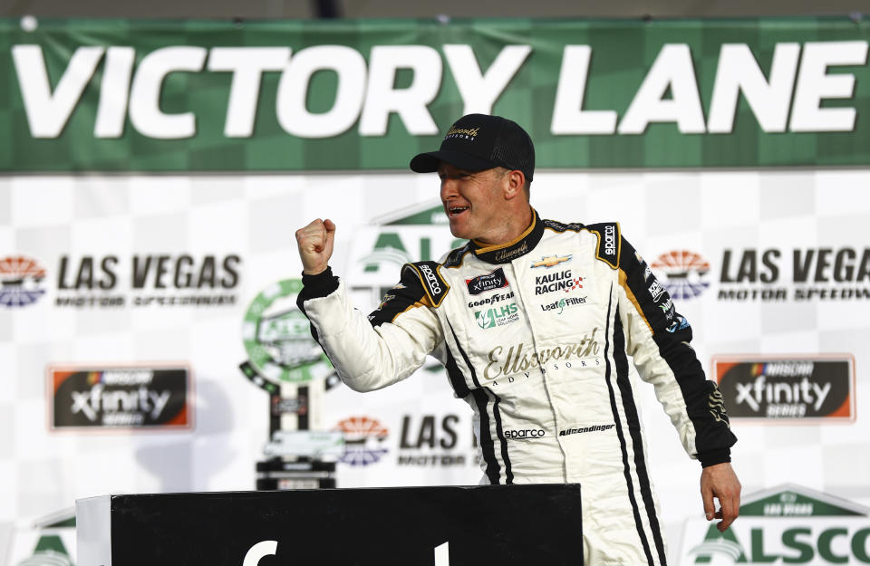 AJ Allmendinger celebrates after winning a NASCAR Xfinity Series auto race at Las Vegas Motor Speedway, Saturday, March 6, 2021. (Chase Stevens/Las Vegas Review-Journal via AP)