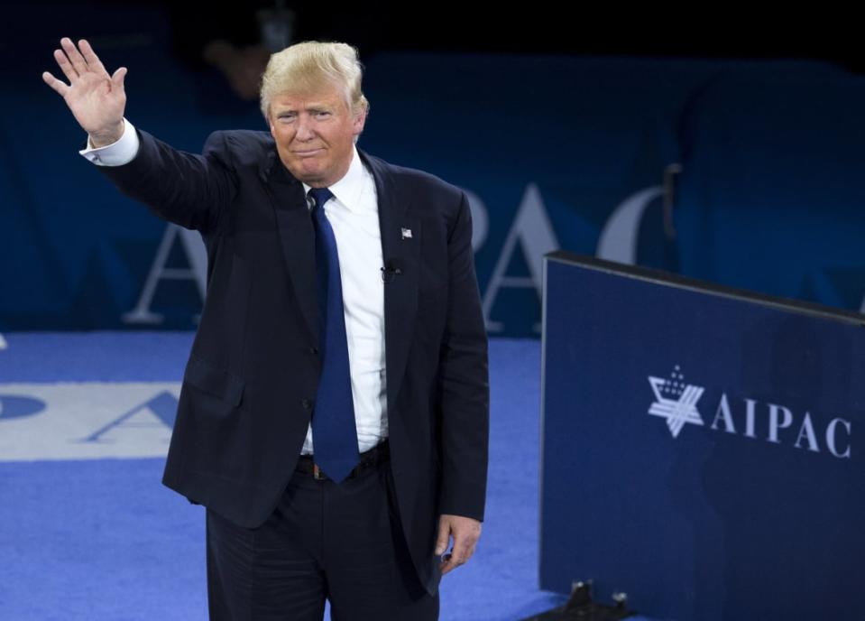 <div class="inline-image__caption"><p>Donald Trump waves after addressing the American Israel Public Affairs Committee (AIPAC) 2016 Policy Conference.</p></div> <div class="inline-image__credit">Saul Loeb/AFP via Getty</div>