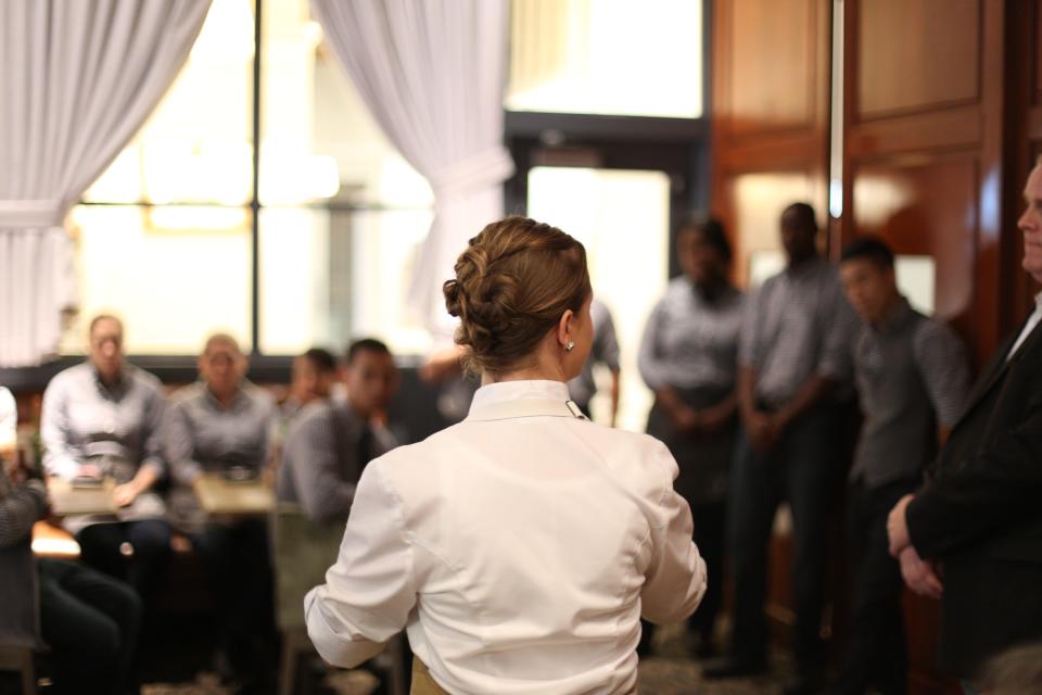 Chef Lindsay Autry addresses her staff at The Regional Kitchen just before opening in 2016. 