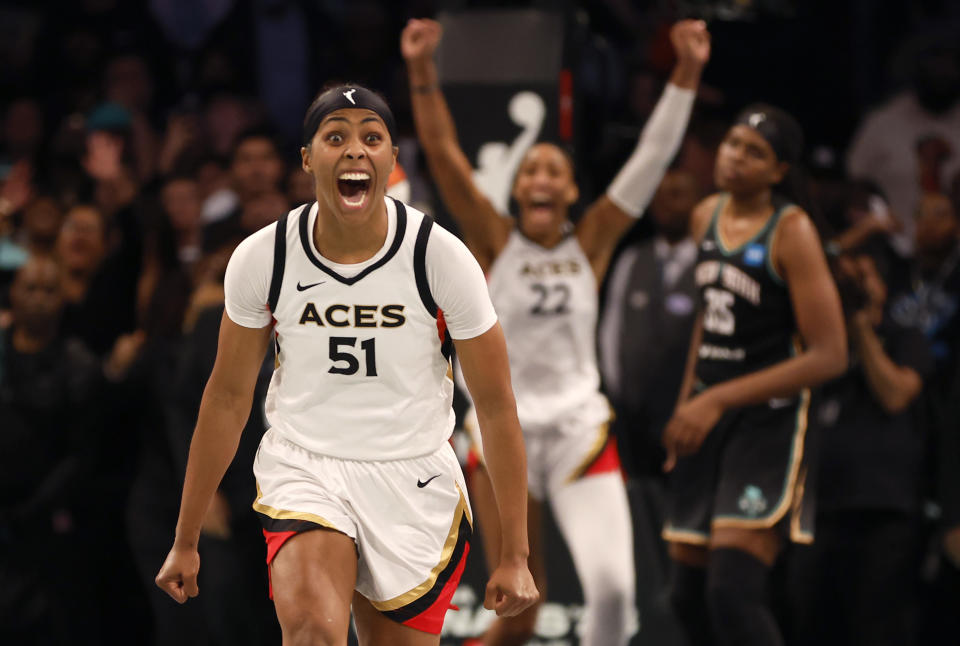 Las Vegas Aces guard Sydney Colson reacts as the Aces clinch their second straight WNBA championship. (Photo by Sarah Stier/Getty Images)