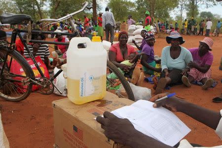 People wait to collect their monthly food ration provided by the United Nations World Food Programme (WFP) in Mwenezi district, Masvingo, Zimbabwe January 25, 2016. REUTERS/Philimon Bulawayo