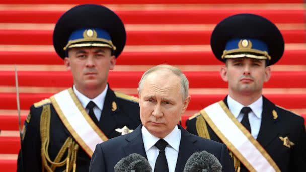 PHOTO: Russian President Putin addresses members of Russian military units, the National Guard and security services to pay honor to armed forces, that upheld order during recent mutiny, in Cathedral Square at the Kremlin in Moscow, June 27, 2023. (Sergei Guneev/Sputnik/Pool via Reuters)