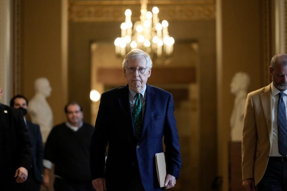 Senate Minority Leader Mitch McConnell, R-Ky., leaves his office and walks to the Senate floor at the U.S. Capitol on March 6, 2023 in Washington, DC.