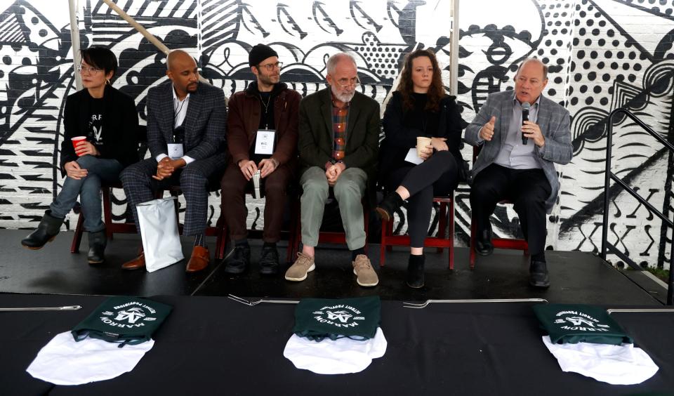 From left, Ping Ho, founder of Marrow Detroit Provisions, Ray Simpson, community relations for Detroit City Council president Mary Sheffield, mural artist WC Bevan, Dan Carmody, CEO, Eastern Market Partnership, and Sarah Welch, chef and partner at Marrow, listen to Detroit Mayor Mike Duggan talk to the crowd outside of Marrow Detroit Provisions in Eastern Market in Detroit on Tuesday, March 5, 2024.
Marrow purchased the 14,000-square-foot building that was constructed in 1909 and plans on opening a restaurant, a butcher shop and event space in the spring of 2025.