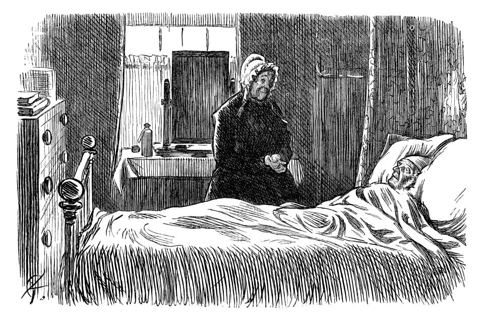 Rendering of a woman tending to a sick patient