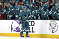 San Jose Sharks left wing William Eklund (72) celebrates with teammates after a goal in the second period of an NHL hockey game against the St. Louis Blues in San Jose, Calif., Saturday, April 6, 2024. (AP Photo/Scot Tucker)