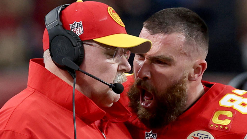 Travis Kelce yelling at his coach. Photo: Getty