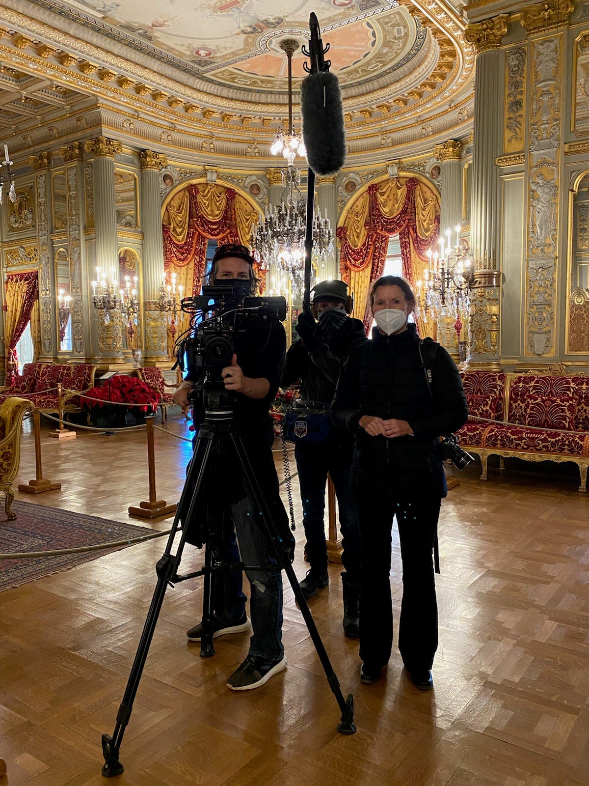 Cameraman Joe Lavallee, sound technician Steve Cerilli and director Susan Sipprelle film the reNEWPORT documentary inside The Breakers mansion.