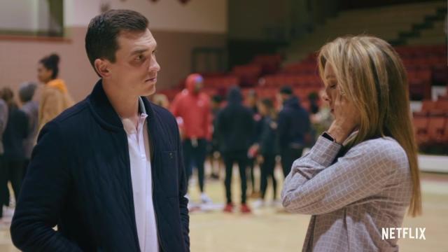 Why does assistant coach Andy disappear halfway through Cheer series 2?