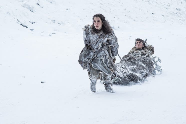 Ellie Kendrick as Meera Reed and Isaac Hempstead Wright as Bran Stark in HBO's Game of Thrones . (Photo Credit: HBO)