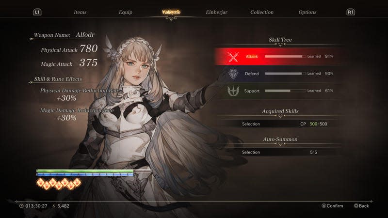 A female character in battle armor is depicted on a stats screen, with numbers and percentages attributed to things like Physical Attack and Magic Damage Reduction Rate.