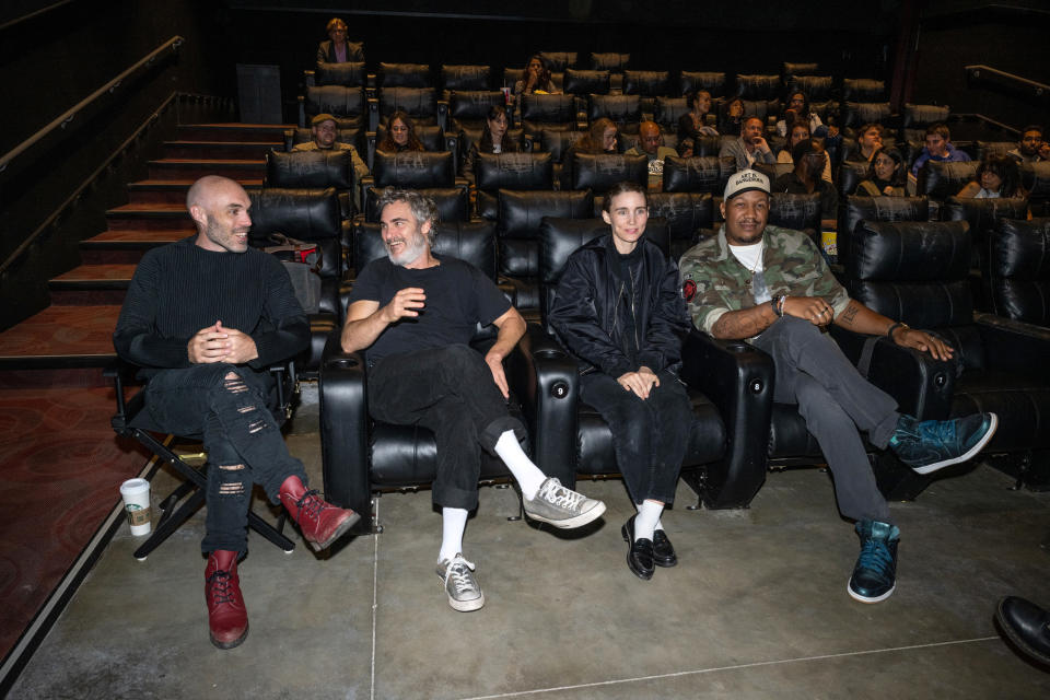 Executive producer David Lowery, actors Joaquin Phoenix and Rooney Mara, and executive producer Travon Free attend the Los Angeles Special Screening of "The Smell Of Money" at Laemmle Monica Film Center on October 14, 2023 in Santa Monica, California. 