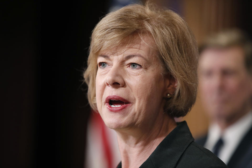 FILE - In this April 25, 2017, file photo, Sen. Tammy Baldwin, D-Wis., speaks about President Donald Trump's first 100 days, during a media availability on Capitol Hill in Washington. Baldwin is a staunch supporter of the federal health care law, and supports Sen. Bernie Sanders' "Medicare-for-all" single-payer health care proposal. (AP Photo/Alex Brandon, File)