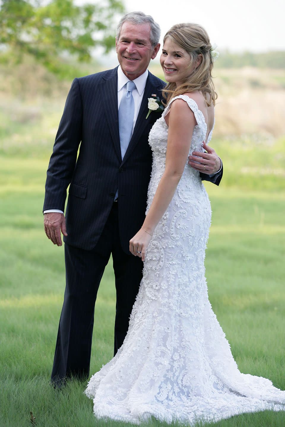 <p>The former first daughter married hubby Henry Hager at her family's estate in Crawford, Texas. She wore a simple, elegant Oscar de la Renta gown with a short train. </p><p><strong>RELATED</strong>: <a href="https://www.goodhousekeeping.com/life/entertainment/a34225872/today-show-jenna-bush-hager-childhood/" rel="nofollow noopener" target="_blank" data-ylk="slk:'Today' Show Star Jenna Bush Hager Gets Candid About Being a First Daughter;elm:context_link;itc:0;sec:content-canvas" class="link ">'Today' Show Star Jenna Bush Hager Gets Candid About Being a First Daughter</a></p>