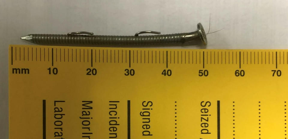 The nail which was fired at the police horse. Police are hunting witnesses after a horse was shot - with a 50mm NAIL gun. See SWNS story SWBRhorse; The DIY weapon was fired at the horse's head and a vet who was called to treat the animal removed the 50mm object from its face. The incident took place in a field between in Foxcote, near Radstock, Somerset, some time between 4.30pm on December 28, and 2.30pm the following day. The horse is recovering but has suffered scarring. PCSO Mike Storey, from Avon and Somerset Police's neighbourhood team, said: "This was a nasty attack on an animal, with no apparent motive."Thankfully incidents of this nature are rare, but we would urge horse owners in the area to be vigilant and report any suspicious activity to police."Anyone with information about the incident is asked to call 101 and quote reference 5220004702 or contact us via our website here.