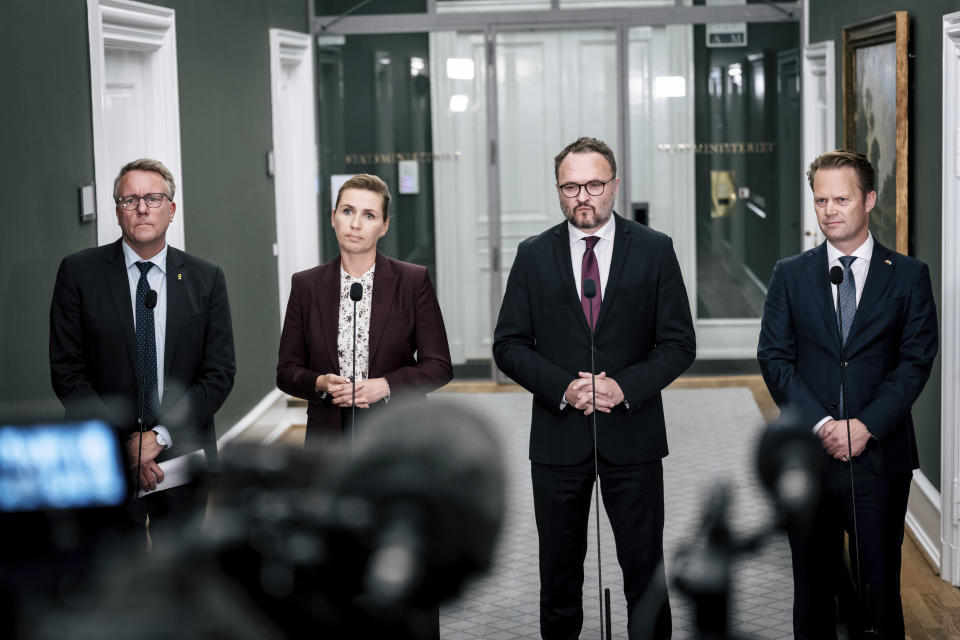 From left: Denmark's Minister of Defense Morten Boedskov, Danish Prime Minister Mette Frederiksen, Climate Minister Dan Joergensen and Minister of Foreign Affairs Jeppe Kofod speak to the press in Copenhagen Tuesday, Sept. 27, 2022. Danish Prime Minister Metter Frederiksen says her government views the gas leaks off a Danish island in the Baltic Sea as “deliberate actions.” (Emil Helms/Ritzau Scanpix via AP)