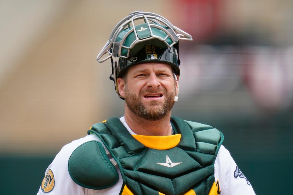 Oakland Athletics catcher Stephen Vogt walks on the field during a game July 6, 2022, against the Toronto Blue Jays in Oakland, Calif. Now the Guardians manager, Vogt is one of several former catchers on the Guardians staff tasked with developing Bo Naylor during his first full season in the major leagues.