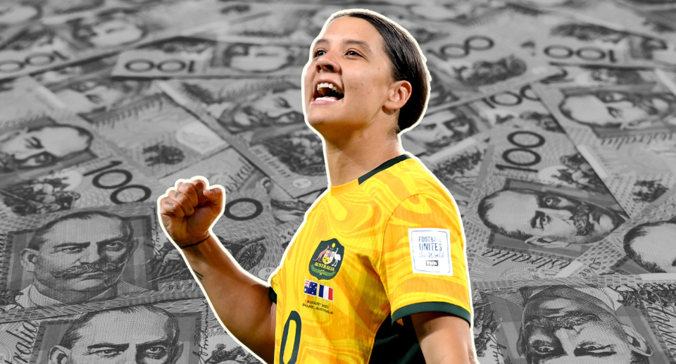 Stylised image of Matildas star Sam Kerr with $100 notes in the background