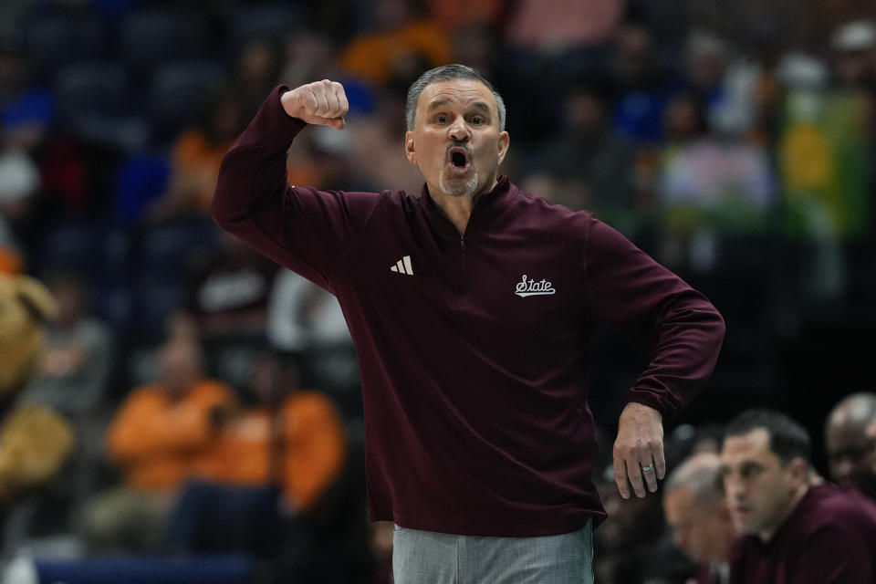 Mississippi State head coach Chris Jans reacts on. the sideline during the first half of an NCAA college basketball game against Tennessee at the Southeastern Conference tournament Friday, March 15, 2024, in Nashville, Tenn. (AP Photo/John Bazemore)