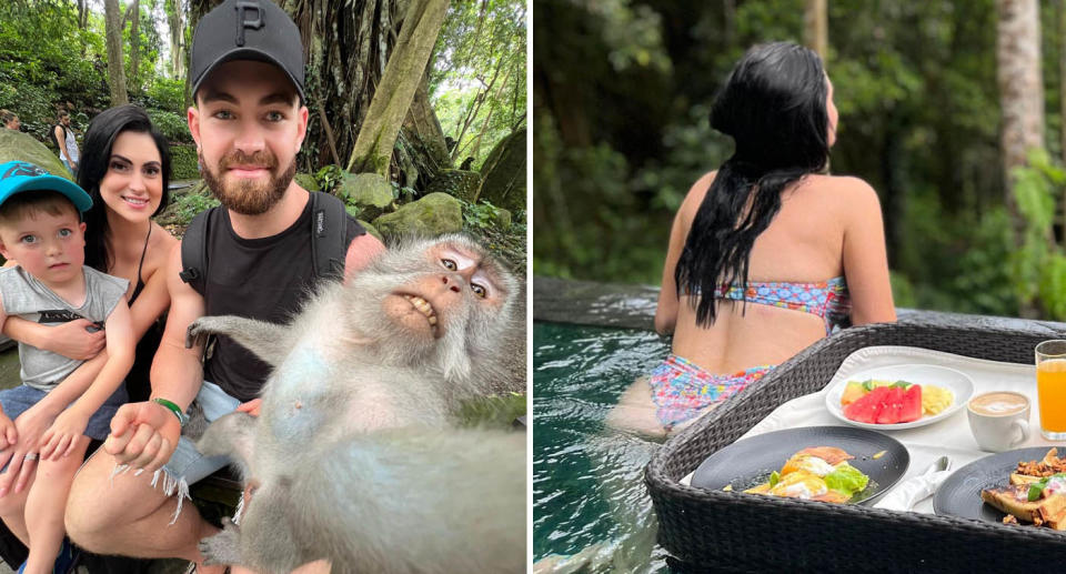 A photo of Stephanie, posing with her son, husband and a monkey in the Ubud Monkey Forest.