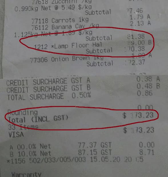 The receipt showing a $89 lamp floor that was never purchased.