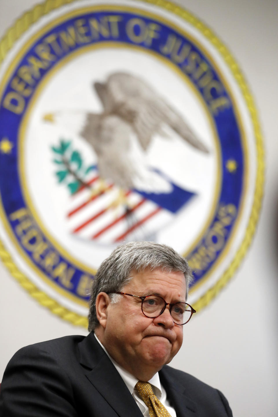 Attorney General William Barr speaks during a tour of a federal prison Monday, July 8, 2019, in Edgefield, S.C. (AP Photo/John Bazemore)