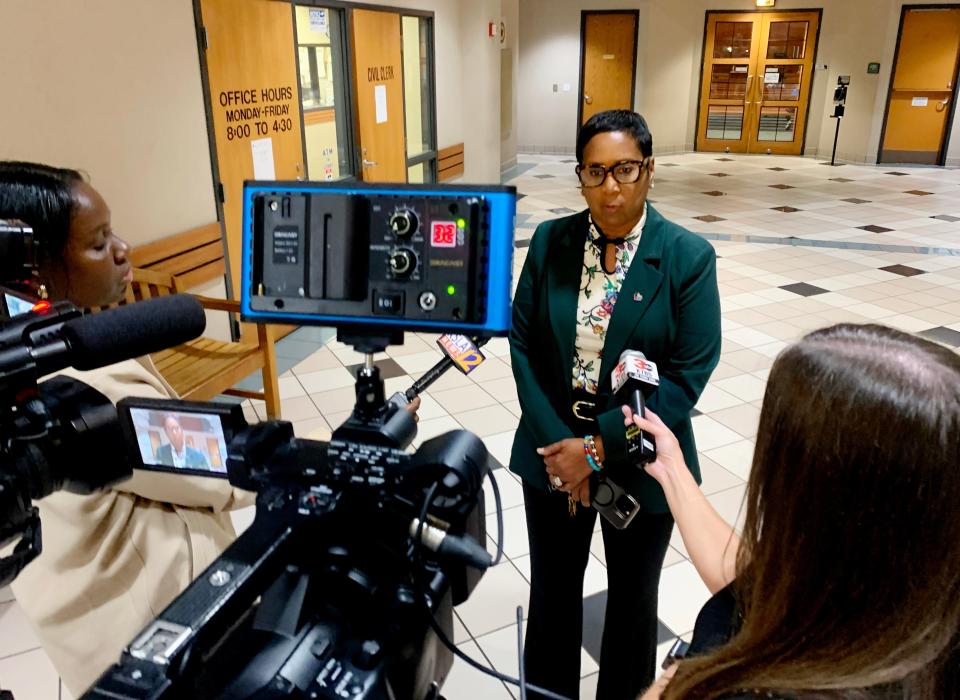 Shreveport councilwoman Tabitha Taylor talks to the press at Shreveport City Court Tuesday morning, May 28, 2024.