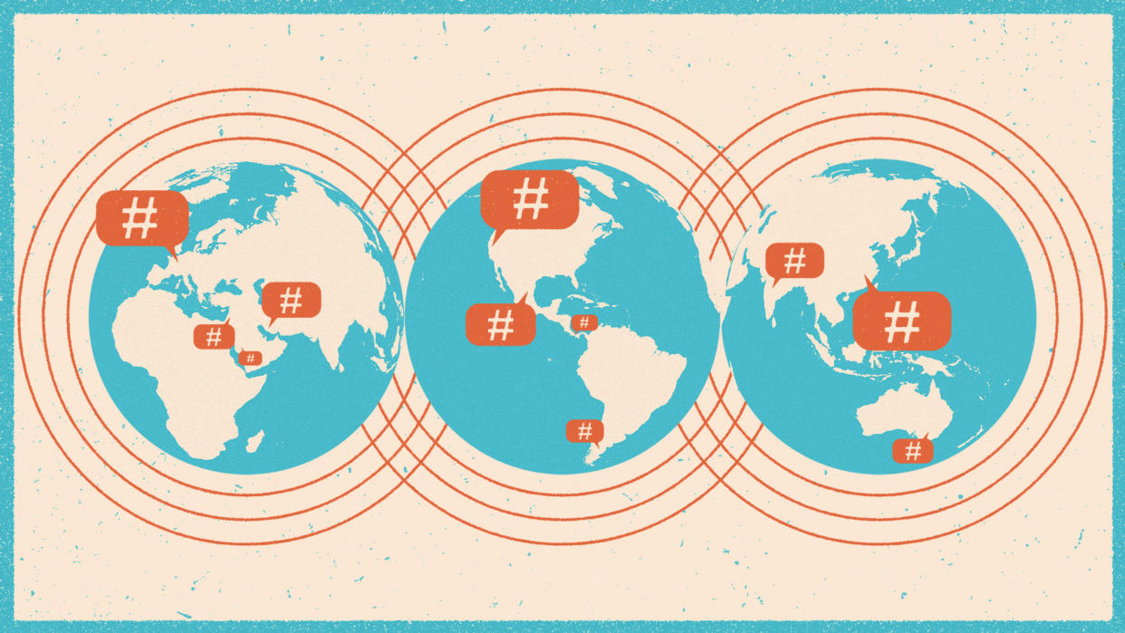  Three globe maps of the world with hashtag speech bubbles emerging from different countries. 