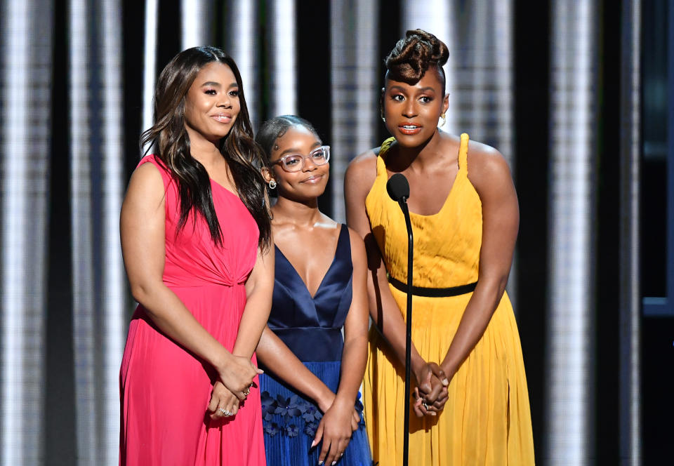 HOLLYWOOD, CALIFORNIA - MARCH 30: (L-R) Regina Hall, Marsai Martin, and Issa Rae speak onstage at the 50th NAACP Image Awards at Dolby Theatre on March 30, 2019 in Hollywood, California. (Photo by Earl Gibson III/Getty Images for NAACP)