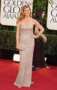 Connie Britton: We are huge fans of Connie Britton over here at Shine Canada. We loved her as Tami Taylor in 'Friday Night Lights' and now as country superstar Rayna James on 'Nashville.' So it's always a pleasure to see her on the red carpet and she doesn't disappoint in this beautifully understated column dress. From far away it looks like a sparkle-nude colour but up close, you can see the orange-red stripes, giving the dress some dimension. She looks stunning. (Photo by Steve Granitz/WireImage)
