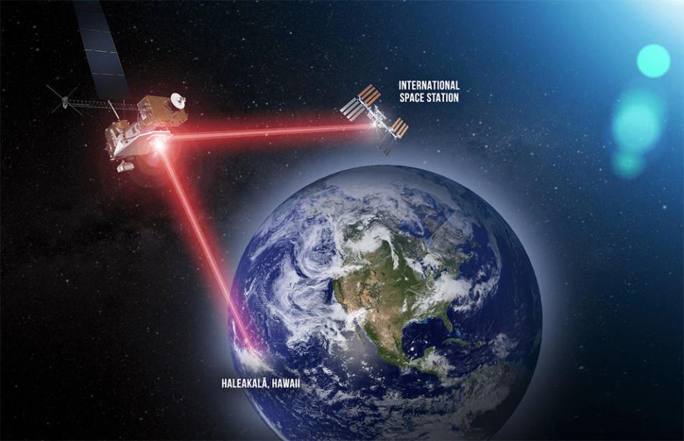 An experimental NASA communications system aboard the STPSat-6 satellite launched Tuesday eventually will be tested with a terminal aboard the International Space Station, using infrared laser light to send high speed data back to Earth and vice versa. The technology holds promise for speeding up communications with spacecraft in Earth orbit and in deep space.  / Credit: NASA