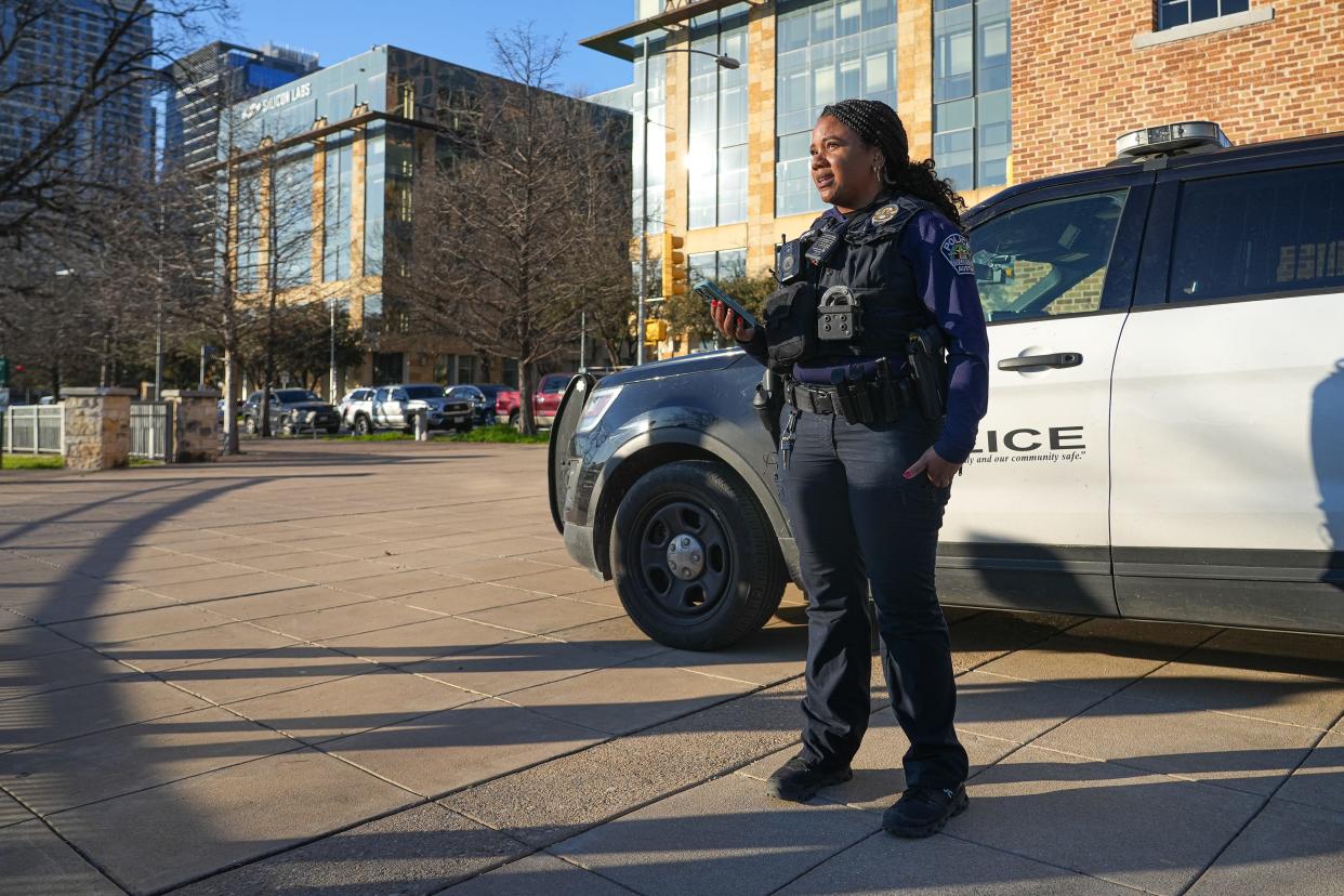 Officer Ariel Crumes speaks to media near the site where the Austin Police Department responded to a report of a body in Lady Bird Lake near Downtown Austin on Monday, Feb. 5, 2024.
