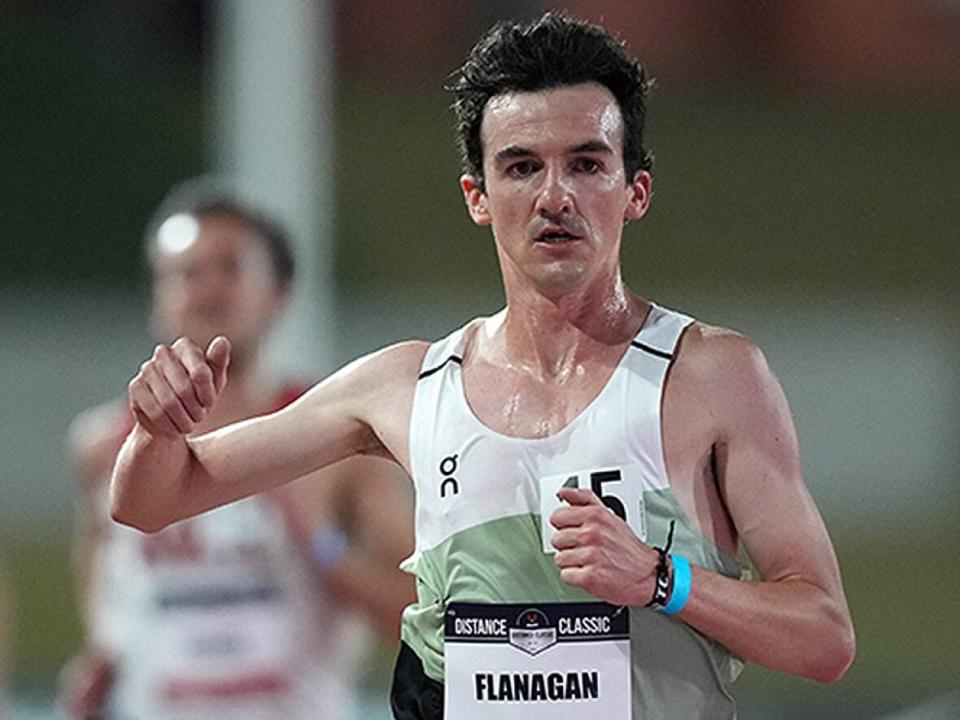 Ben Flanagan, pictured winning the men's 5,000 metres on the track at the USATF Distance Classic in May, set the Canadian men's record at the Valencia Half Marathon on Sunday in a time of 61 minutes. (Kirby Lee-USA TODAY Sports via Reuters/File - image credit)