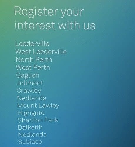 The sign listed a number of Perth suburbs rolling out the NBN. Source: Facebook.