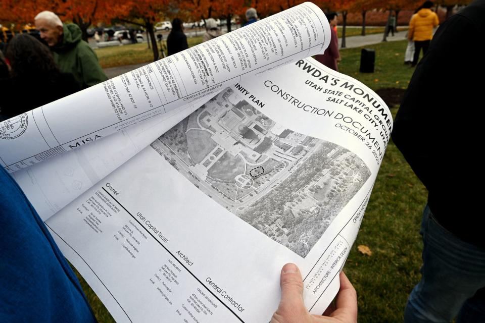 A location map is shown as the Chinese Railroad Workers Descendants Association holds a ceremonial groundbreaking for Utah’s first monument honoring Chinese railroad workers, at the Capitol in Salt Lake City on Tuesday.