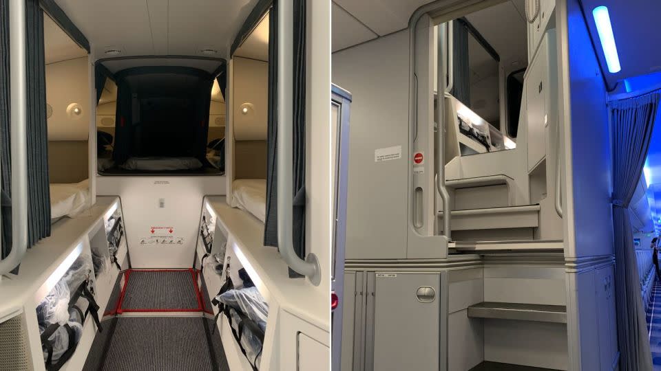 A split image of a Finnair A350 cabin crew rest area. On the right is the entrance, which is accessed from the forward galley. - Aleksi Kousmanen/Finnair