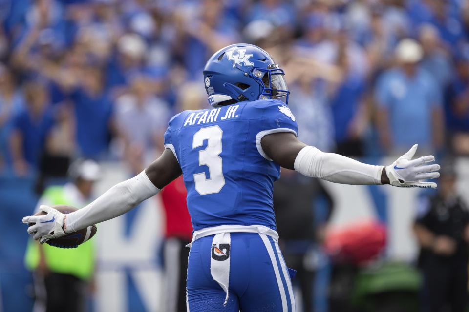 Kentucky defensive back Alex Afari Jr. (3) celebrates after an interception late in the second half of an NCAA college football game against Florida in Lexington, Ky., Saturday, Sept. 30, 2023. | Michelle Haas Hutchins, AP