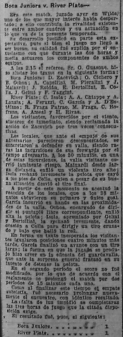 Parte de la crónica de LA NACION del 3 de mayo, referida al primer partido entre ambos por la Copa Competencia de 1915; a pesar de que se había tratado de apenas el tercer enfrentamiento en el historial, el diario ya hablaba de 