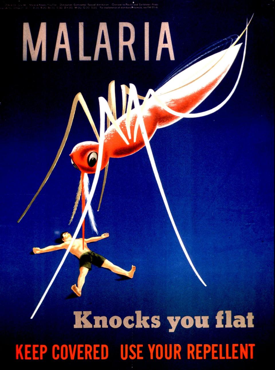 Poster depicting a giant mosquito standing over a man's body, advocating for people to protect themselves from malaria