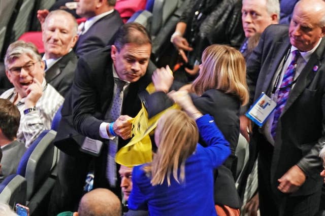 A demonstration during Prime Minister Liz Truss's speech during the Conservative Party annual conference at the International Convention Centre in Birmingham 