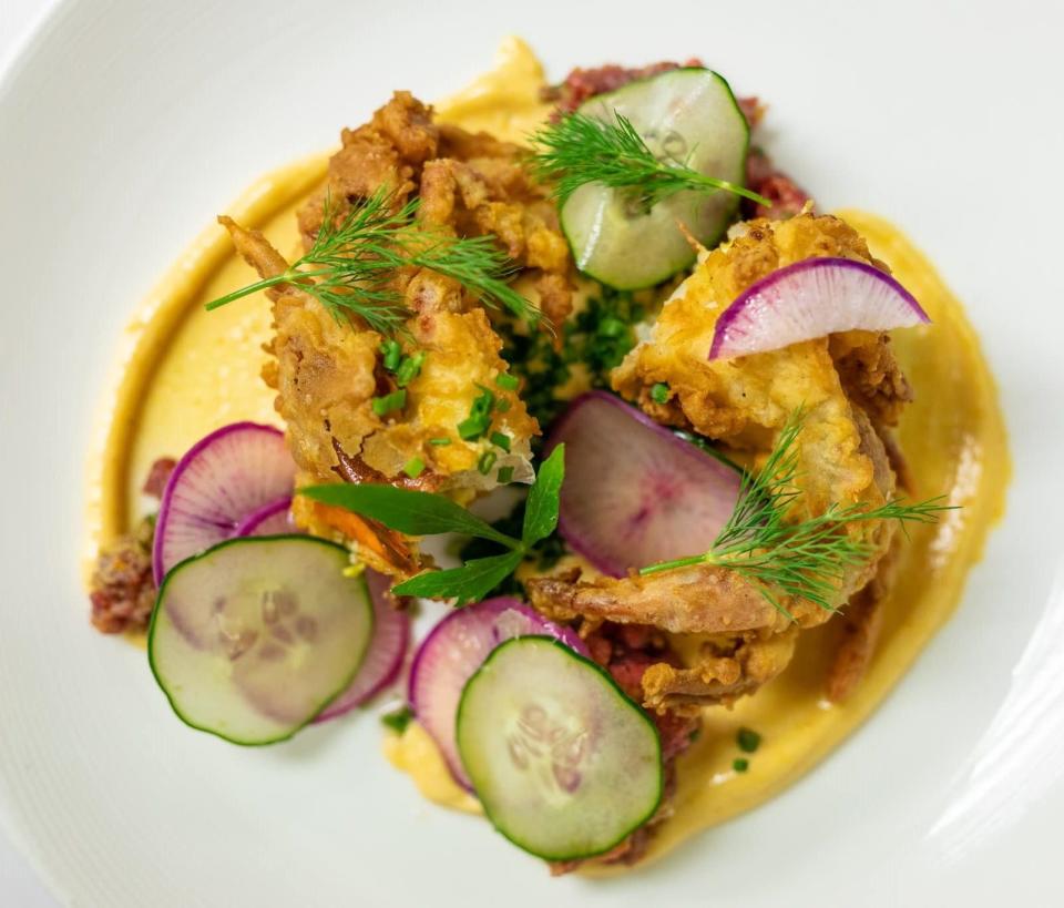 The spring Surf & Turf with crispy fried soft-shell crab, beef tartare, crab roe mayonnaise, cucumbers, radishes and herbs was a special at manna restaurant in downtown Wilmington.